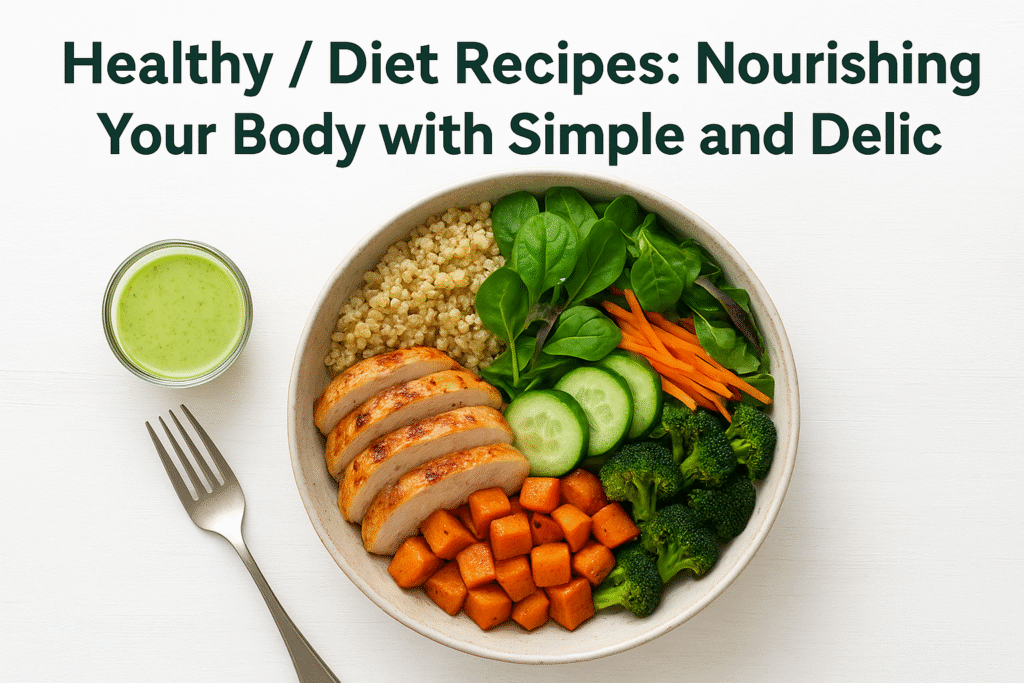 A healthy and colorful diet bowl with grilled chicken, quinoa, spinach, cucumber, broccoli, sweet potatoes, and carrots, served with a green dressing on a white background — representing nutritious and balanced eating.
